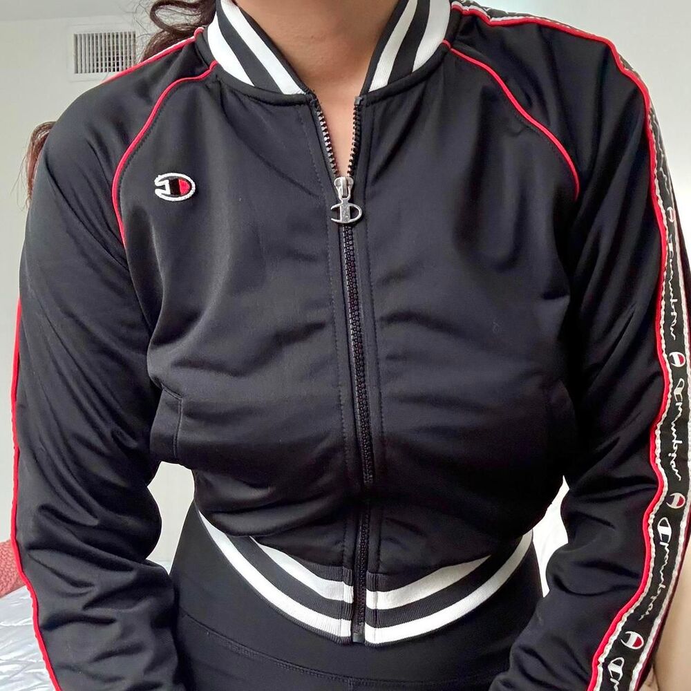 NWT Champion Black Track Jacket with Logo Stripes